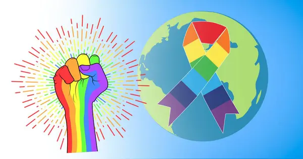 虹のリボンと青の背景に地球と虹の拳のイメージ プライドの月のお祝いのコンセプトデジタル生成画像 — ストック写真