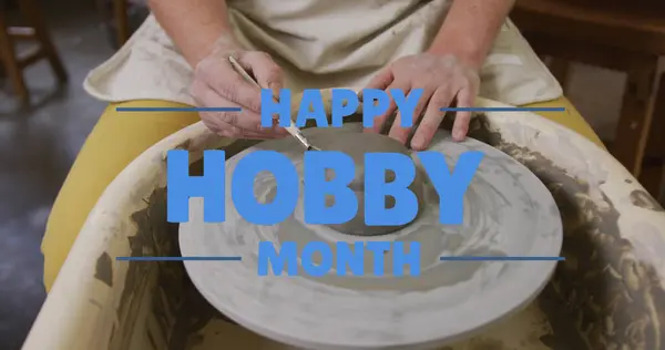 Image Happy Hobby Month Text Caucasian Man Forming Pottery Hobby — Stock Photo, Image