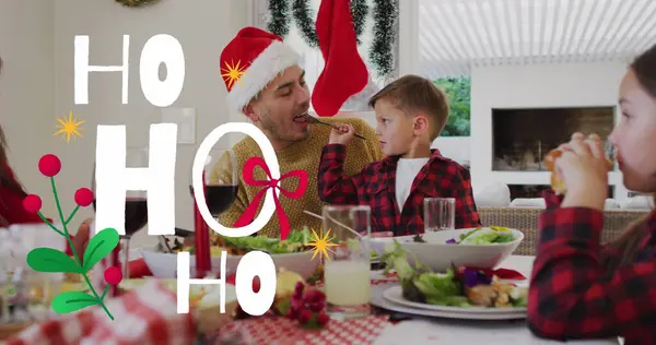 Image Text Caucasian Family Wearing Santa Hats Christmas Tradition Celebration — Stock Photo, Image