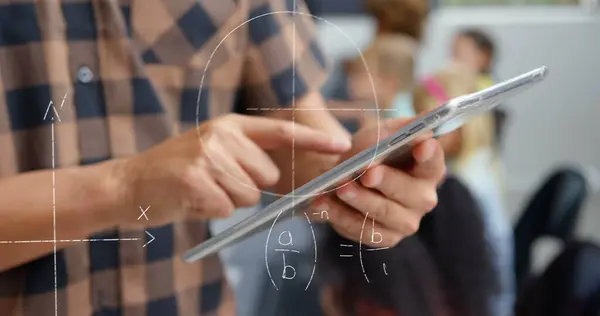Image Mathematical Equations Caucasian Male Teacher Using Tablet National Teacher — Stock Photo, Image