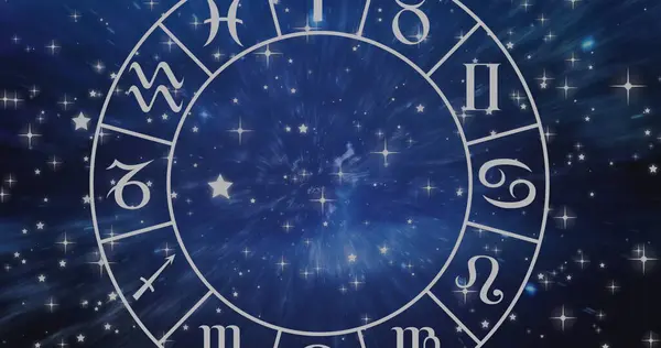 Composição Símbolo Signo Estrela Aries Girar Roda Zodíaco Sobre Estrelas — Fotografia de Stock