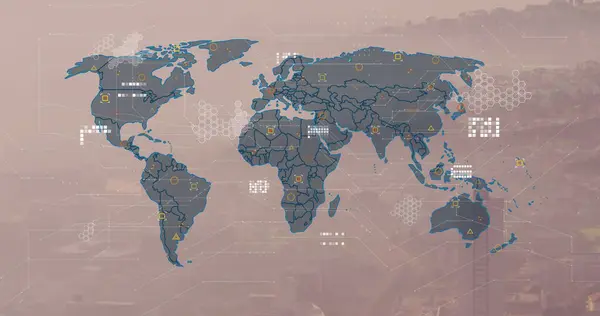 Imagem Mapa Mundo Processamento Dados Contra Visão Aérea Paisagem Urbana — Fotografia de Stock