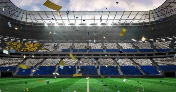 Bild Fallande Guld Konfetti Över Fotbollsstadion Fotboll Koncept Digitalt Genererad — Stockfoto