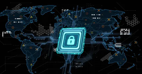 Imagen Candado Seguridad Línea Marcadores Procesamiento Datos Mapa Del Mundo —  Fotos de Stock