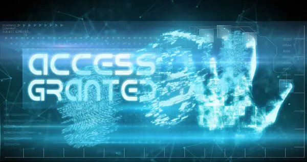 Image of access granted text, online security padlock and biometric fingerprint. digital interface, identity and technology concept digitally generated image.