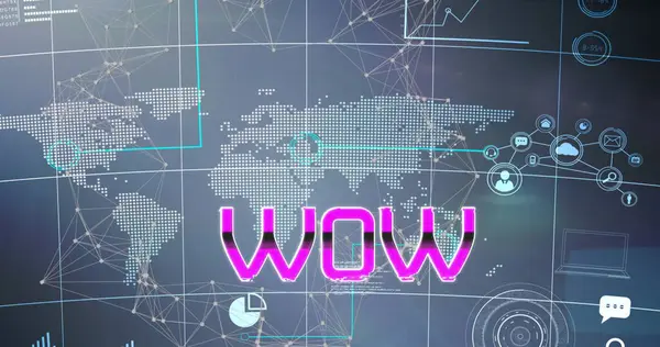 Image Wow Text Netwrok Connections World Map Global Social Media — Stock Photo, Image
