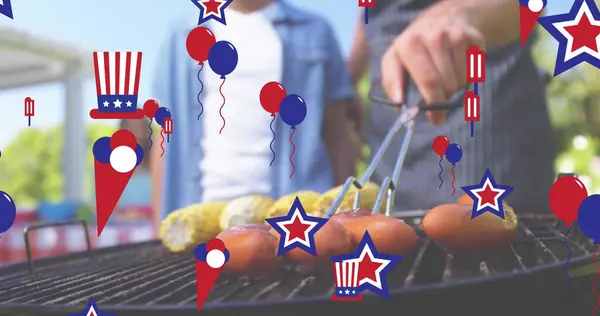 Image American Flag Coloured Decorations Floating Family Barbecue Patriotism Independence — Stock Photo, Image