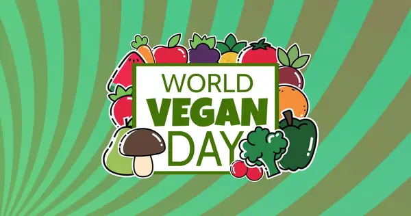 全球素食主义者日的图像 绿色条纹背景 蔬菜及世界素食日概念数码图像 — 图库照片