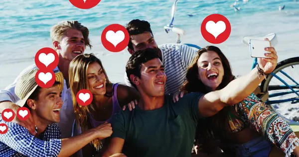 Image Social Networking Heart Icons Group Male Female Friends Using — Stock Photo, Image