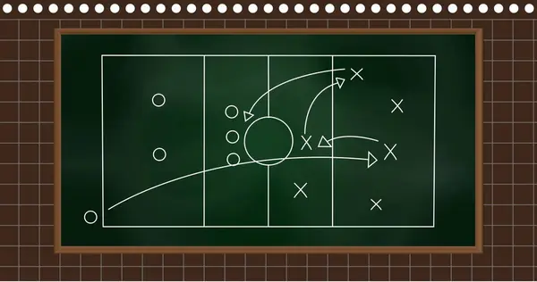 Image Football Game Strategy Drawn Green Chalkboard Square Lined Brown — Stock Photo, Image