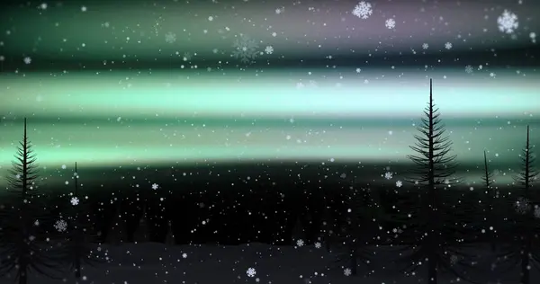 Orman Manzarası Üzerinde Kar Taneleri Kuzey Işıkları Noel Gelenek Kış — Stok fotoğraf