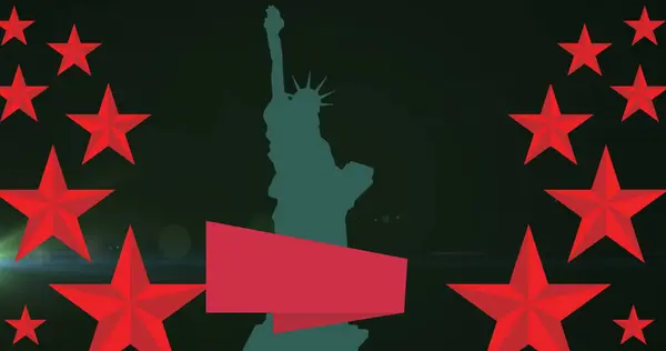 Image Red Stars Statue Liberty Silhouette Black Background American Patriotism — Stock Photo, Image
