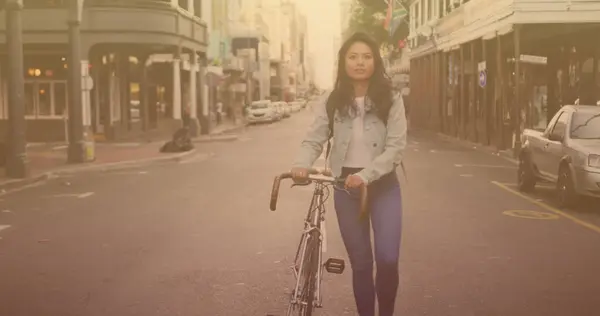 Spots Light Portrait Asian Woman Bicycle Walking Beach Pedal Day — Stockfoto