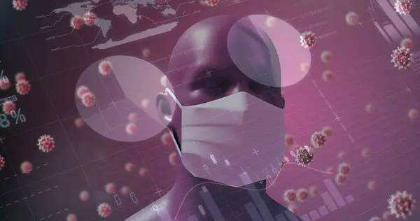 Image of a digital human head wearing a face mask with giant virus models floating on a dark background with charts and graphs. Coronavirus Covid-19 pandemic concept digital composite.