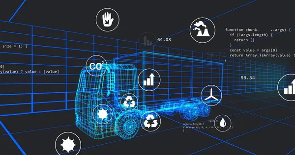三维卡车模型上的多个数字图标在隧道中以无缝模式移动的图像 汽车工程和可持续能源概念 — 图库照片