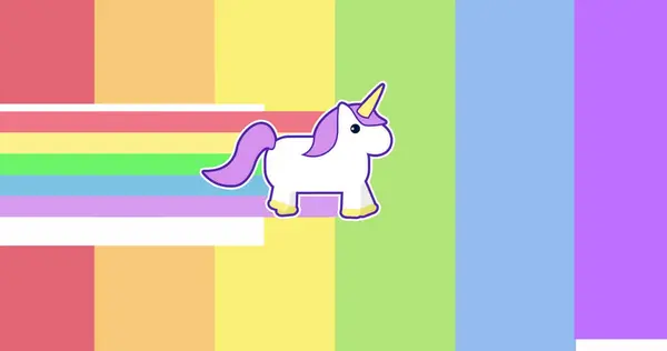 Image of walking unicorn icon on rainbow background. pride month celebration concept digitally generated image.
