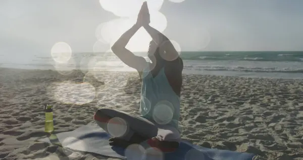 Image Glowing Lights African American Man Doing Yoga Meditation Beach — Stock Photo, Image