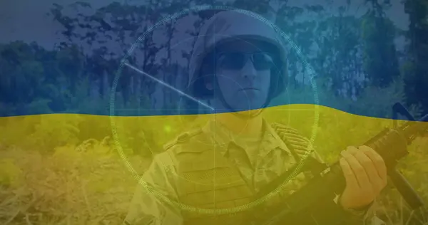 Immagine Radar Soldato Caucasico Sulla Bandiera Dell Ucraina Crisi Ucraina — Foto Stock