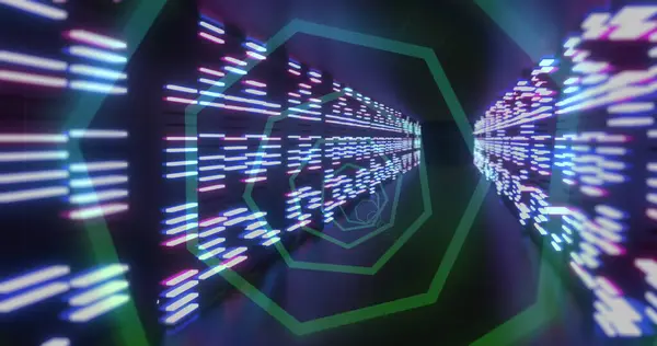 Afbeelding Van Tunnel Met Neon Vormen Bewegende Kolommen Zwarte Achtergrond — Stockfoto