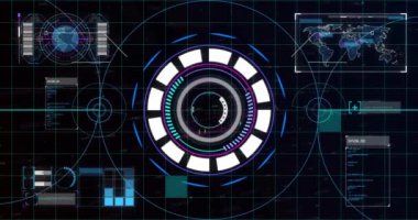 Veri işleme ve dünya haritası üzerindeki taramaların animasyonu. Teknoloji ve dijital arayüz kavramı dijital olarak oluşturuldu.