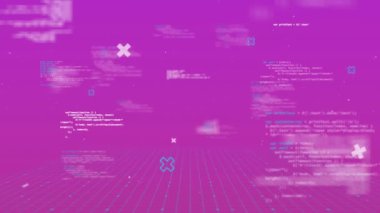 Pembe arka planda şekil ve veri işleme animasyonları. Desen, teknoloji ve dijital arayüz kavramı dijital olarak oluşturulmuş video.