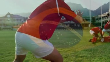 Çeşitli erkek rugby oyuncuları üzerine Brezilya bayrağı animasyonu. Küresel spor, vatanseverlik ve dijital arayüz kavramı dijital olarak üretilen video.