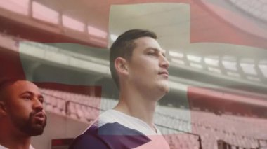 Değişik rugby oyuncuları üzerinde İsviçre bayrağı animasyonu. Küresel spor, rekabet, bilgisayar ve veri işleme kavramı dijital olarak oluşturulmuş video.