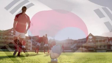 Çeşitli erkek rugby oyuncuları üzerinde Kore bayrağı animasyonu. Küresel spor, vatanseverlik ve dijital arayüz kavramı dijital olarak üretilen video.