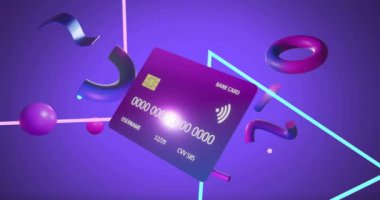 Mor arkaplanlı kredi kartı animasyonu. Küresel çevrimiçi bankacılık, alışveriş, iş, bağlantılar, bilgisayar ve veri işleme kavramı dijital olarak oluşturulmuş video.