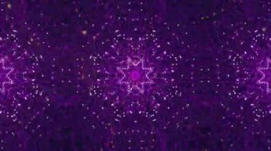 Beyaz ışıklarla hareket eden mor kaleydoskopik yıldız deseni animasyonu. Bağlantı, işleme, renk, hareket, model ve arkaplan, dijital olarak oluşturulmuş video.