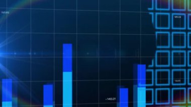 Dünya haritası üzerinde veri işleme ve diyagramların animasyonu. Teknoloji, iş ve dijital arayüz kavramı dijital olarak oluşturulmuş video.