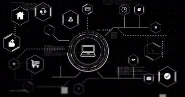 Siyah arkaplan üzerinde veri işleme ile bilgisayar ve iş simgelerinin animasyonu. Küresel çevrimiçi alışveriş, iş, bağlantılar, bilgisayar ve veri işleme kavramı dijital olarak oluşturulmuş video.