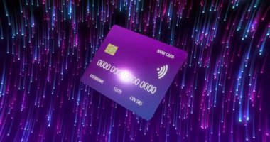 Siyah arka plandaki ışık yollarının üzerindeki kredi kartının animasyonu. Finansal, ticari, bilgisayar ve dijital arayüz kavramı dijital olarak oluşturulmuş video.