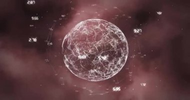 Dönen dünya ve duman bulutları üzerinde veri işleme animasyonu. Teknoloji ve dijital arayüz kavramı dijital olarak oluşturuldu.