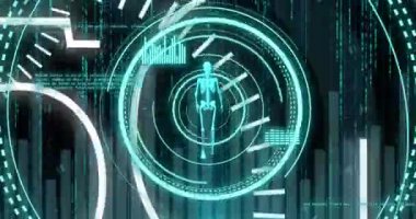 Yürüyen iskelet üzerinde 5G metin ve veri işleme animasyonu. Teknoloji, bilim ve dijital arayüz kavramı dijital olarak oluşturulmuş video.