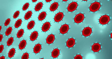 Mavi zemin üzerinde dönen kırmızı ve mavi yuvarlakların animasyonu. Bağlantı, işleme, ağ ve iletişim, dijital olarak oluşturulmuş video.