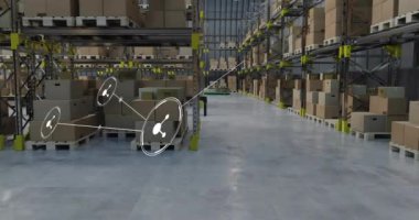 Depoda çalışan makinelerin üzerindeki simgelerle bağlantı ağının animasyonu. İş ve dijital arayüz kavramı dijital olarak oluşturulmuş video.