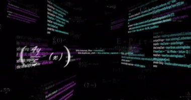 Metin verilerinin ve matematiksel denklemlerin siyah zemin üzerinde işlenmesinin animasyonu. Bağlantı, matematik, eğitim, dijital arayüz ve iletişim, dijital olarak oluşturulmuş video.