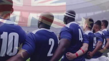 Çeşitli ragbi oyuncuları üzerinde Avustralya bayrağı animasyonu. Küresel spor, rekabet, bilgisayar ve veri işleme kavramı dijital olarak oluşturulmuş video.