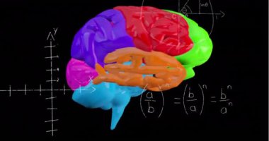 Matematiksel denklemler üzerinde renkli dönen beynin animasyonu. Bilim ve dijital arayüz kavramı dijital olarak oluşturulmuş video.