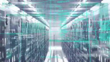 Bilgisayar sunucuları üzerinde dijital veri işleme animasyonu. Dijital olarak oluşturulmuş küresel bağlantılar, hesaplama ve veri işleme kavramı.