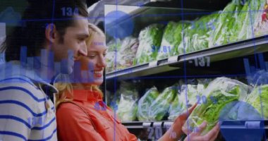 Kafkas çifti alışverişinde veri işleme animasyonu. Teknoloji, alışveriş ve dijital arayüz kavramı dijital olarak oluşturulmuş video.