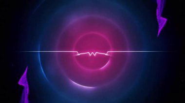 Neon daireler üzerinde hareket eden mor şekillerin animasyonu. Sosyal medya ve dijital arayüz konsepti dijital olarak oluşturulmuş video.