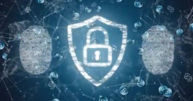 Mavi zemin üzerinde asma kilit, biyometrik parmak izi ve veri işleme animasyonu. Küresel finans, iş, bağlantılar, hesaplama ve veri işleme kavramı dijital olarak oluşturulmuş video.