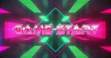 Oyun başlatma metninin neon desen arkaplanı üzerinden canlandırması. Küresel video oyunu, dijital arayüz, iletişim, bilgisayar ve veri işleme kavramı dijital olarak oluşturuldu.
