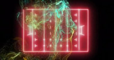 Siyah zemin üzerinde pembe neon rugby sahası üzerinde sarı ve mavi parçacık dalgası animasyonu. Ağ, spor, rekabet, bağlantı ve iletişim, dijital olarak oluşturulmuş video.