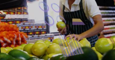 Mağazada çalışan Kafkas kadın tezgahtar üzerinden veri işleme animasyonu. Teknoloji, alışveriş ve dijital arayüz kavramı dijital olarak oluşturulmuş video.