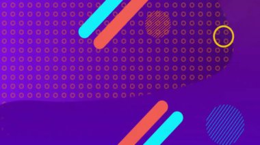 Kırmızı, beyaz ve mavi şekillerin ve mor zemin üzerinde hareket eden dairelerin animasyonu. Bağlantı, ağ, veri, ışık, enerji ve iletişim, dijital olarak oluşturulmuş video.
