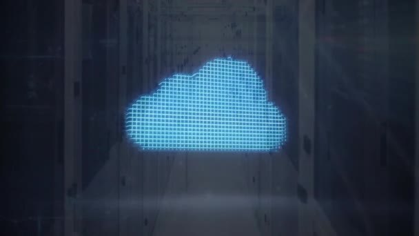 Animacja Cyfrowej Chmury Ekranu Kłódki Nad Kształtami Serwerownią Globalna Technologia — Wideo stockowe