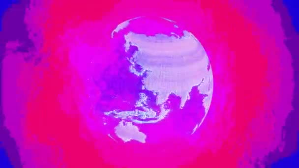 Анимация Вращения Земного Шара Над Меняющимися Ярко Окрашенными Размытыми Кольцами — стоковое видео